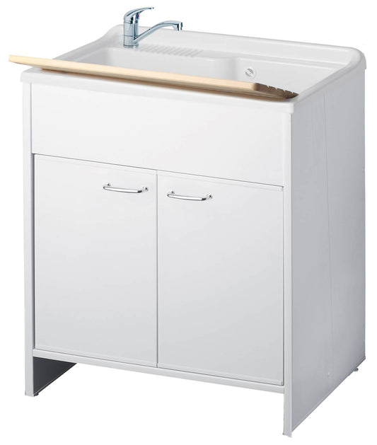 Negrari Garden 9010 Lavatoio Colore Bianco 80x50 H85cm Mobile PVC Resistente All’Acqua Apertura Battente Vasca Polipropilene Asse Lavaggio Legno Verniciato Fornito Montato Piedini Regolabili Per Lavanderia Interno Esterno Ambienti Umidi Con Scarico Sifone