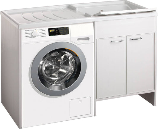 Negrari Garden 9800DX Lavatoio Copri Lavatrice Montato Bianco 124x60 H89 cm Vasca Destra Vano Sinistra Mobile PVC Apertura Ante Battente Lavandino Termoformatura Asse Polipropilene Sifone Piedini Regolabili Per Lavanderia Interno Esterno Ambienti Umidi