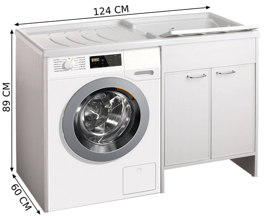 Negrari Garden 9800DX Lavatoio Copri Lavatrice Montato Bianco 124x60 H89 cm Vasca Destra Vano Sinistra Mobile PVC Apertura Ante Battente Lavandino Termoformatura Asse Polipropilene Sifone Piedini Regolabili Per Lavanderia Interno Esterno Ambienti Umidi