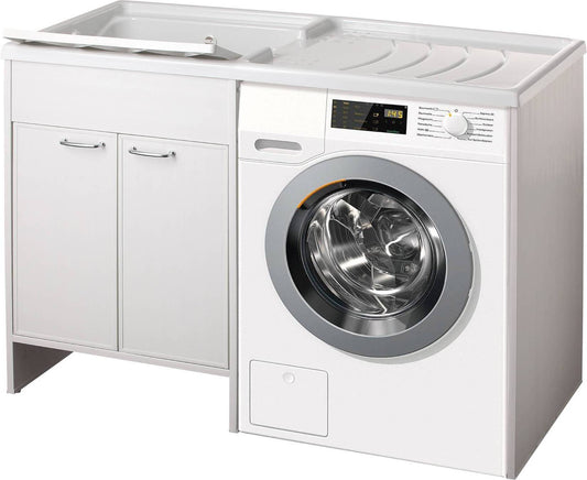 Negrari Garden 9800SX Lavatoio Copri Lavatrice Montato Bianco 124x60 H89 cm Vasca Sinistra Vano Destra Mobile PVC Apertura Ante Battente Lavandino Termoformatura Asse Polipropilene Sifone Piedini Regolabili Per Lavanderia Interno Esterno Ambienti Umidi