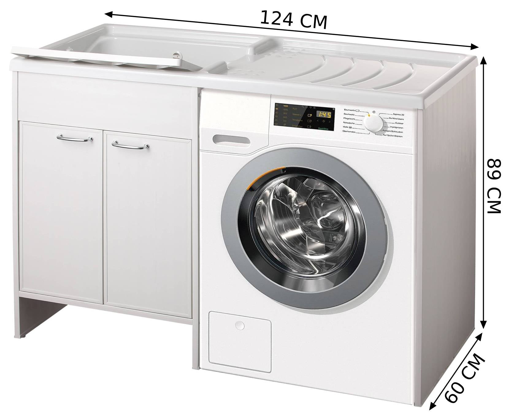 Negrari Garden 9800SX Lavatoio Copri Lavatrice Montato Bianco 124x60 H89 cm Vasca Sinistra Vano Destra Mobile PVC Apertura Ante Battente Lavandino Termoformatura Asse Polipropilene Sifone Piedini Regolabili Per Lavanderia Interno Esterno Ambienti Umidi