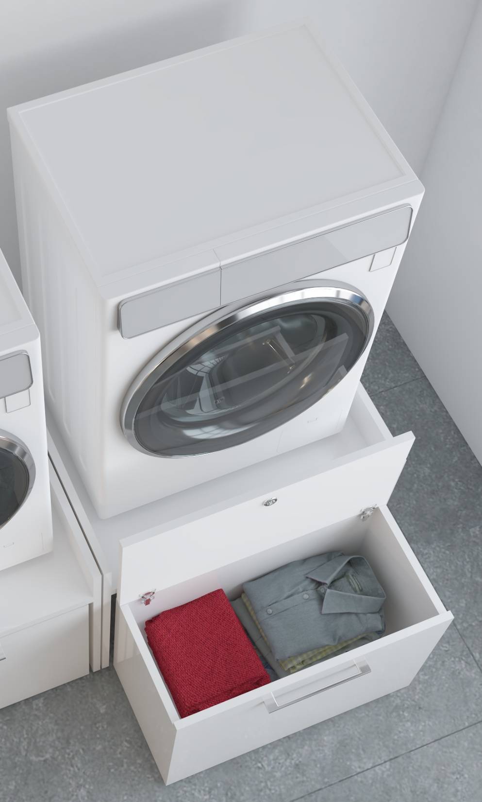 Negrari Komodo 5018D Mobile Alza Porta Lavatrice Asciugatrice Con Cassettone Contenitore Indipendente Scorrevole Ad Ampia Capienza in Legno Nobilitato Idrofugo W100 Bianco Per Interno Maniglia Ruotine Apertura Anta a Ribalta Fornito Montato 69x65 H59 cm