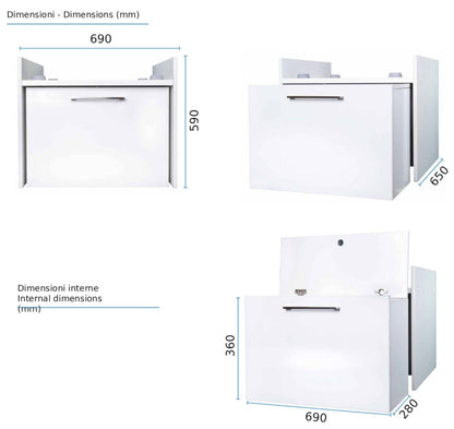 Negrari Komodo 5018D Mobile Alza Porta Lavatrice Asciugatrice Con Cassettone Contenitore Indipendente Scorrevole Ad Ampia Capienza in Legno Nobilitato Idrofugo W100 Bianco Per Interno Maniglia Ruotine Apertura Anta a Ribalta Fornito Montato 69x65 H59 cm
