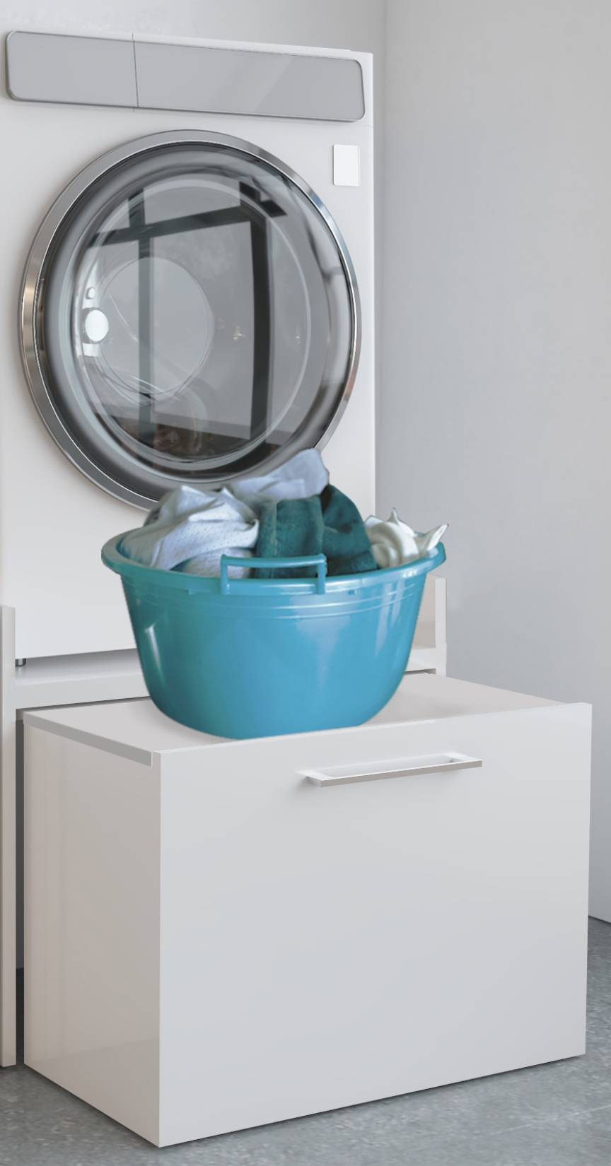 Negrari Komodo 5018D Mobile Alza Porta Lavatrice Asciugatrice Con Cassettone Contenitore Indipendente Scorrevole Ad Ampia Capienza in Legno Nobilitato Idrofugo W100 Bianco Per Interno Maniglia Ruotine Apertura Anta a Ribalta Fornito Montato 69x65 H59 cm