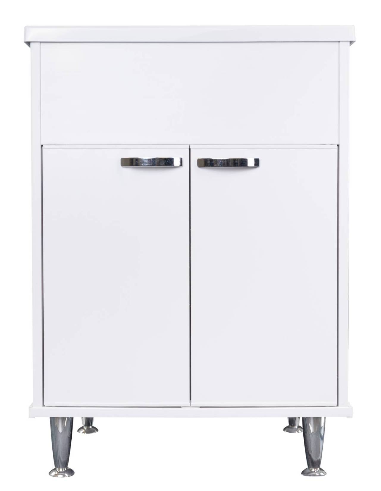 Negrari Lux 9042D Lavatoio Bianco 60x50 H85 cm Mobile in PVC Resistente All'Acqua Vasca Asse Lavaggio Polipropilene Fornito Montato Anta Chiusura Battente Maniglie Piedini Cromati Sifone Piletta Adatto Per Arredamento Esterno Lavanderia Luoghi Umidi
