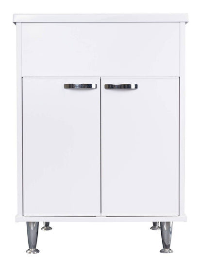 Negrari Lux 9042D Lavatoio Bianco 60x50 H85 cm Mobile in PVC Resistente All'Acqua Vasca Asse Lavaggio Polipropilene Fornito Montato Anta Chiusura Battente Maniglie Piedini Cromati Sifone Piletta Adatto Per Arredamento Esterno Lavanderia Luoghi Umidi