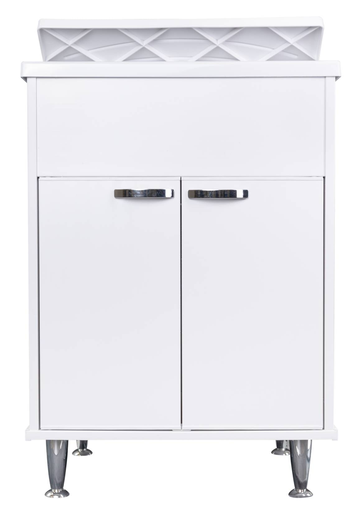Negrari Lux 9042D Lavatoio Bianco 60x50 H85 cm Mobile in PVC Resistente All'Acqua Vasca Asse Lavaggio Polipropilene Fornito Montato Anta Chiusura Battente Maniglie Piedini Cromati Sifone Piletta Adatto Per Arredamento Esterno Lavanderia Luoghi Umidi