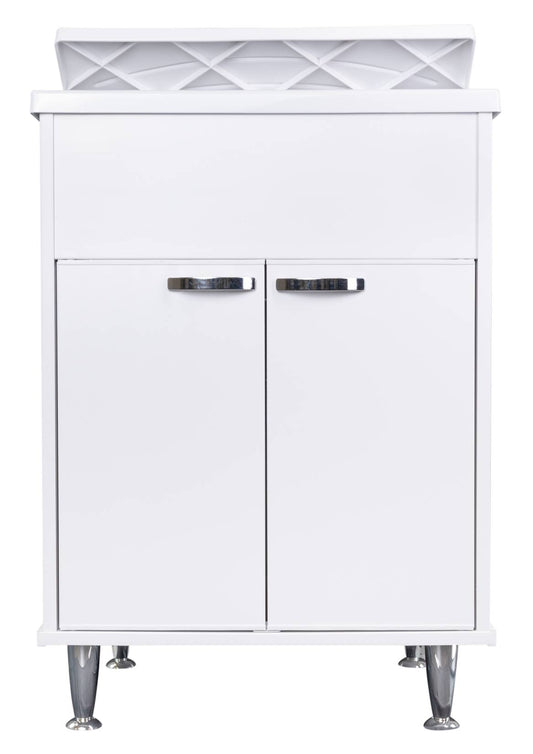 Negrari Lux 9042D Lavatoio Bianco 60x50 H85 cm Mobile in PVC Resistente All'Acqua Vasca Asse Lavaggio Polipropilene Fornito Montato Anta Chiusura Battente Maniglie Piedini Cromati Sifone Piletta Adatto Per Arredamento Esterno Lavanderia Luoghi Umidi