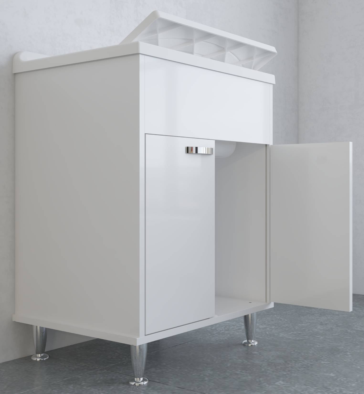 Negrari Lux 9042D Lavatoio Bianco 60x50 H85 cm Mobile in PVC Resistente All'Acqua Vasca Asse Lavaggio Polipropilene Fornito Montato Anta Chiusura Battente Maniglie Piedini Cromati Sifone Piletta Adatto Per Arredamento Esterno Lavanderia Luoghi Umidi