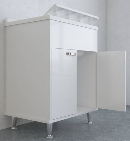 Negrari Lux 9042D Lavatoio Bianco 60x50 H85 cm Mobile in PVC Resistente All'Acqua Vasca Asse Lavaggio Polipropilene Fornito Montato Anta Chiusura Battente Maniglie Piedini Cromati Sifone Piletta Adatto Per Arredamento Esterno Lavanderia Luoghi Umidi
