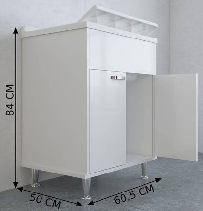 Negrari Lux 9042D Lavatoio Bianco 60x50 H85 cm Mobile in PVC Resistente All'Acqua Vasca Asse Lavaggio Polipropilene Fornito Montato Anta Chiusura Battente Maniglie Piedini Cromati Sifone Piletta Adatto Per Arredamento Esterno Lavanderia Luoghi Umidi
