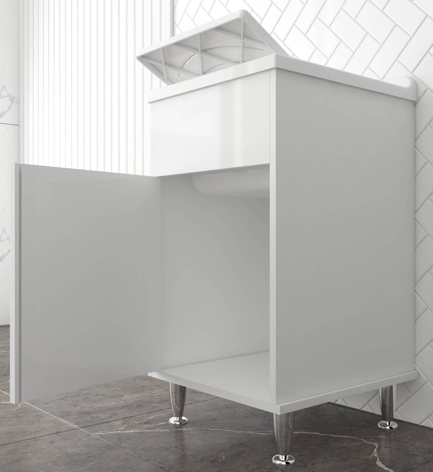 Negrari Lux 9046DDX Lavatoio Bianco 45x50 H85 cm Mobile in PVC Resistente All'Acqua Vasca Asse Lavaggio Polipropilene Fornito Montato Anta Chiusura Battente Maniglia Destra Sifone Piletta Piedini Adatto Per Arredamento Esterno Lavanderia Luoghi Umidi