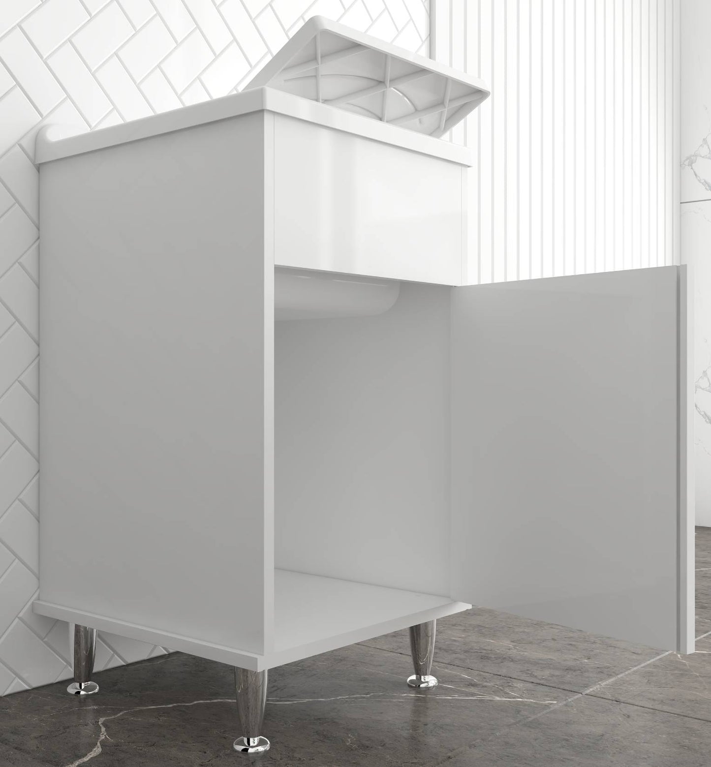 Negrari Lux 9046DSX Lavatoio Bianco 45x50 H85cm Mobile in PVC Resistente All'Acqua Vasca Asse Lavaggio Polipropilene Fornito Montato Anta Chiusura Battente Maniglia Sinistra Sifone Piletta Piedini Adatto Per Arredamento Esterno Lavanderia Luoghi Umidi