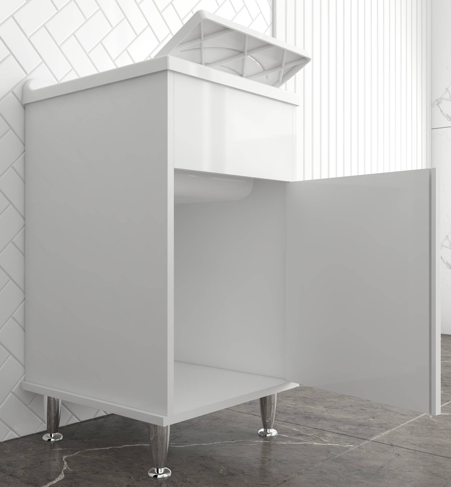 Negrari Lux 9046DSX Lavatoio Bianco 45x50 H85cm Mobile in PVC Resistente All'Acqua Vasca Asse Lavaggio Polipropilene Fornito Montato Anta Chiusura Battente Maniglia Sinistra Sifone Piletta Piedini Adatto Per Arredamento Esterno Lavanderia Luoghi Umidi