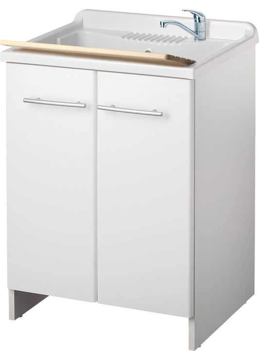 Negrari Magica 2002 Lavatoio Colore Bianco 60x50 H85 cm Per Lavanderia Mobile Nobilitato Idrofugo Ante Lucide Vasca Polipropilene Asse Lavaggio Legno Cerniere Chiusura Rallentata Vassoio Salvafondo Alluminio Sifone Autopulente Piletta Piedini Regolabili