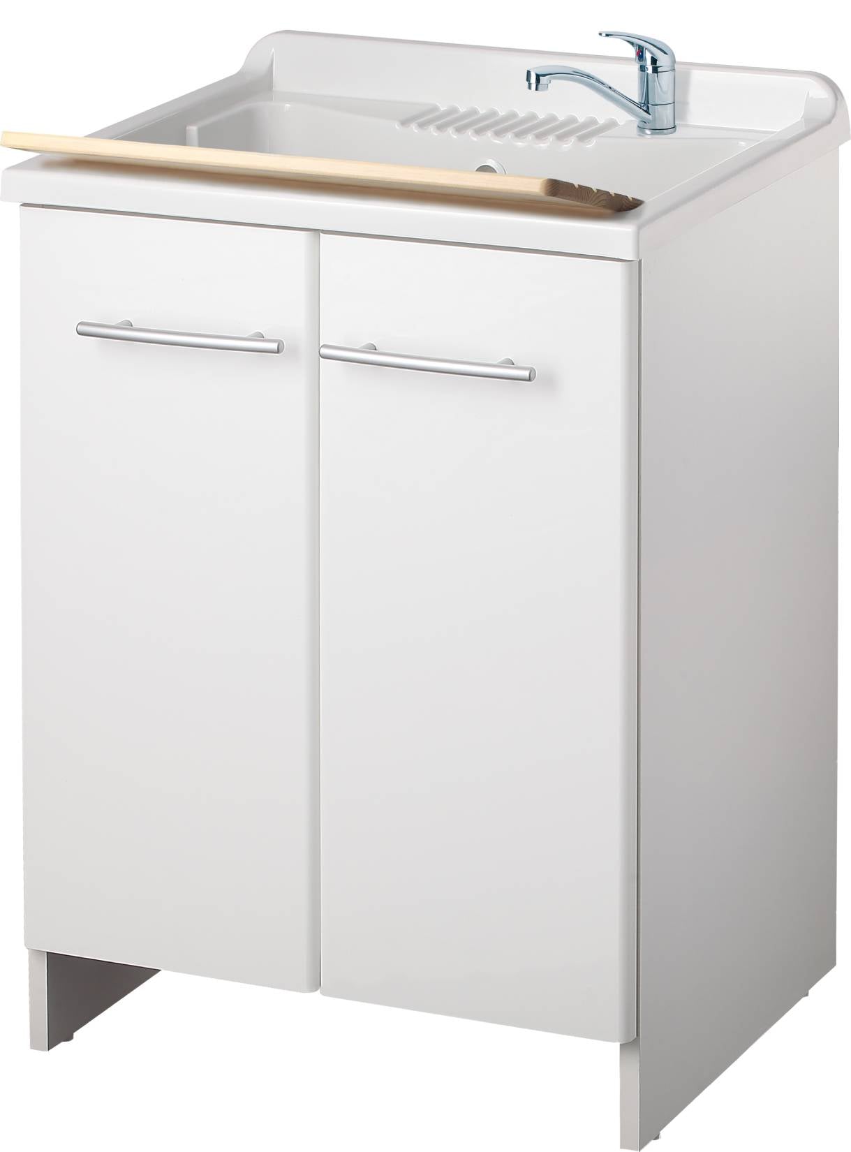 Negrari Magica 2002CS Lavatoio Bianco 60x50 H85 cm Mobile Nobilitato Idrofugo Per Lavanderia Ante Lucide Vasca Polipropilene Termoformatura Asse Legno Cerniere Chiusura Rallentata Cestello Estraibile Salvafondo Alluminio Sifone Piletta Piedini Regolabili