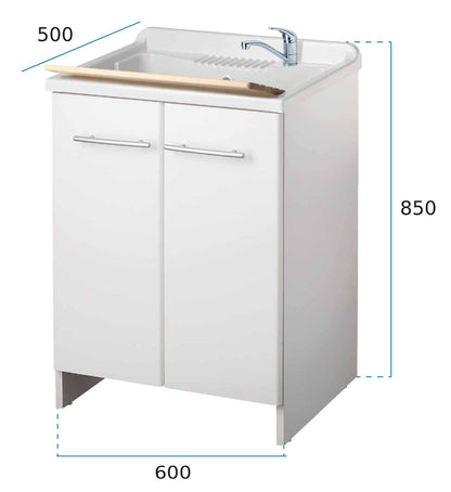 Negrari Magica 2002CS Lavatoio Bianco 60x50 H85 cm Mobile Nobilitato Idrofugo Per Lavanderia Ante Lucide Vasca Polipropilene Termoformatura Asse Legno Cerniere Chiusura Rallentata Cestello Estraibile Salvafondo Alluminio Sifone Piletta Piedini Regolabili