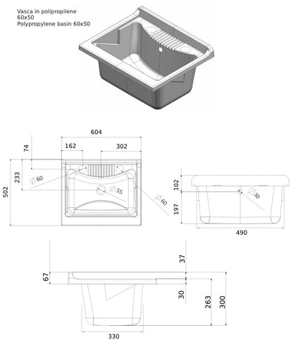 Negrari Magica 2002CS Lavatoio Bianco 60x50 H85 cm Mobile Nobilitato Idrofugo Per Lavanderia Ante Lucide Vasca Polipropilene Termoformatura Asse Legno Cerniere Chiusura Rallentata Cestello Estraibile Salvafondo Alluminio Sifone Piletta Piedini Regolabili