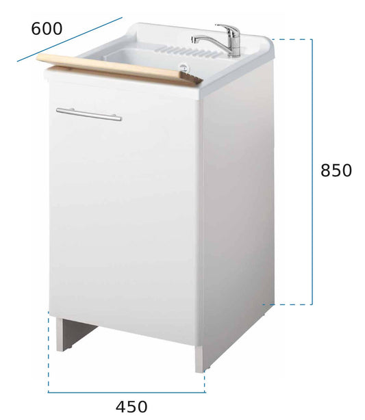 Negrari Magica 2005 Lavatoio Colore Bianco 45x60 H85 cm Per Lavanderia Mobile Nobilitato Idrofugo Anta Lucida Vasca Polipropilene Termoformatura Asse Legno Cerniere Chiusura Rallentata Salvafondo Alluminio Sifone Autopulente Piletta Piedini Regolabili