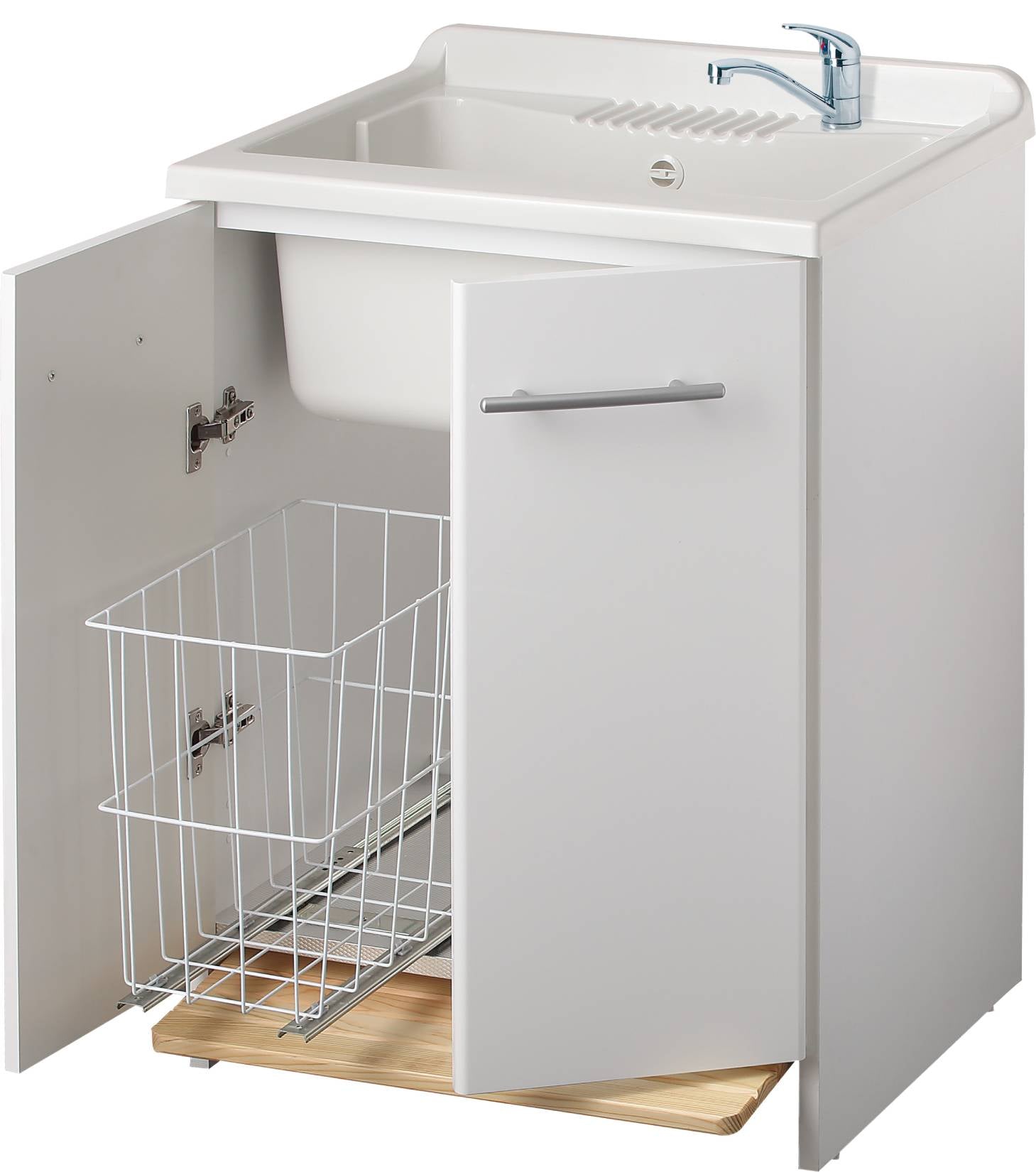 Negrari Magica 2007CS Lavatoio Bianco 60x60 H85 cm Mobile Nobilitato Idrofugo Per Lavanderia Ante Lucide Vasca Polipropilene Termoformatura Asse Legno Cerniere Chiusura Rallentata Cestello Estraibile Salvafondo Alluminio Sifone Piletta Piedini Regolabili