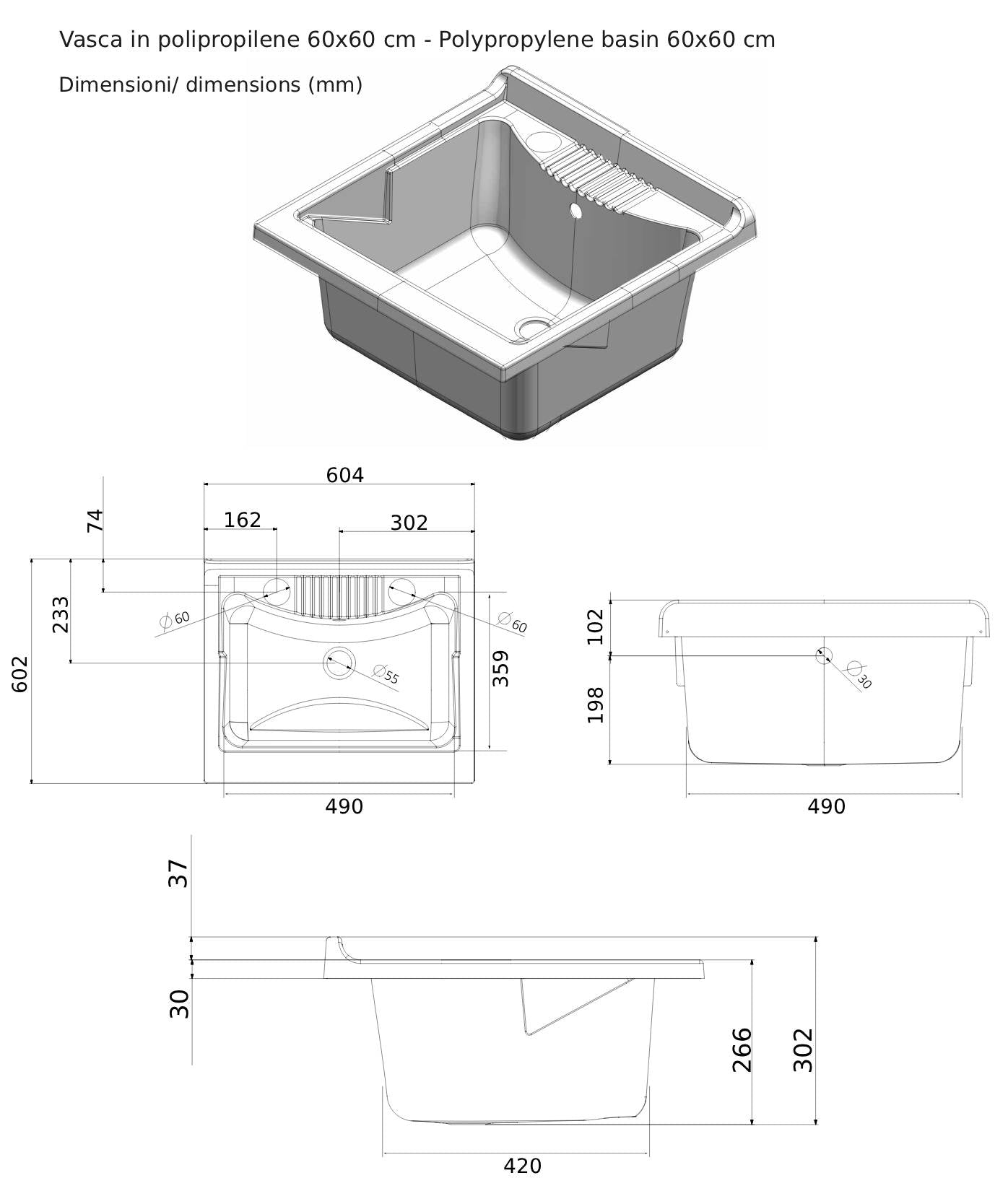 Negrari Magica 2007CS Lavatoio Bianco 60x60 H85 cm Mobile Nobilitato Idrofugo Per Lavanderia Ante Lucide Vasca Polipropilene Termoformatura Asse Legno Cerniere Chiusura Rallentata Cestello Estraibile Salvafondo Alluminio Sifone Piletta Piedini Regolabili