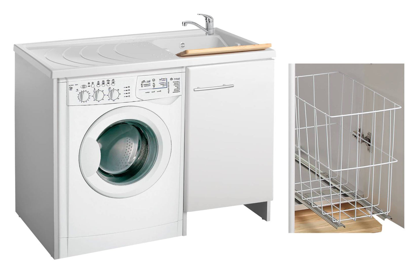 Negrari Magica 2008CSDX Lavatoio Coprilavatrice Montato Bianco 109x60 H89 cm Vasca Destra Lavatrice Sinistra Mobile Lavanderia Nobilitato Idrofugo Lavabo Polipropilene Asse Legno Anta Rallentata Fondo Alluminio Cesto Scorrevole Sifone Piletta Piedini