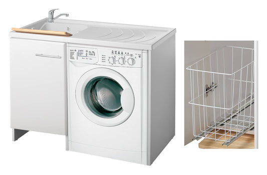 Negrari Magica 2008CSSX Lavatoio Coprilavatrice Montato Bianco 109x60 H89 cm Vasca Sinistra Lavatrice Destra Mobile Lavanderia Nobilitato Idrofugo Lavabo Polipropilene Asse Legno Anta Rallentata Fondo Alluminio Cesto Scorrevole Sifone Piletta Piedini