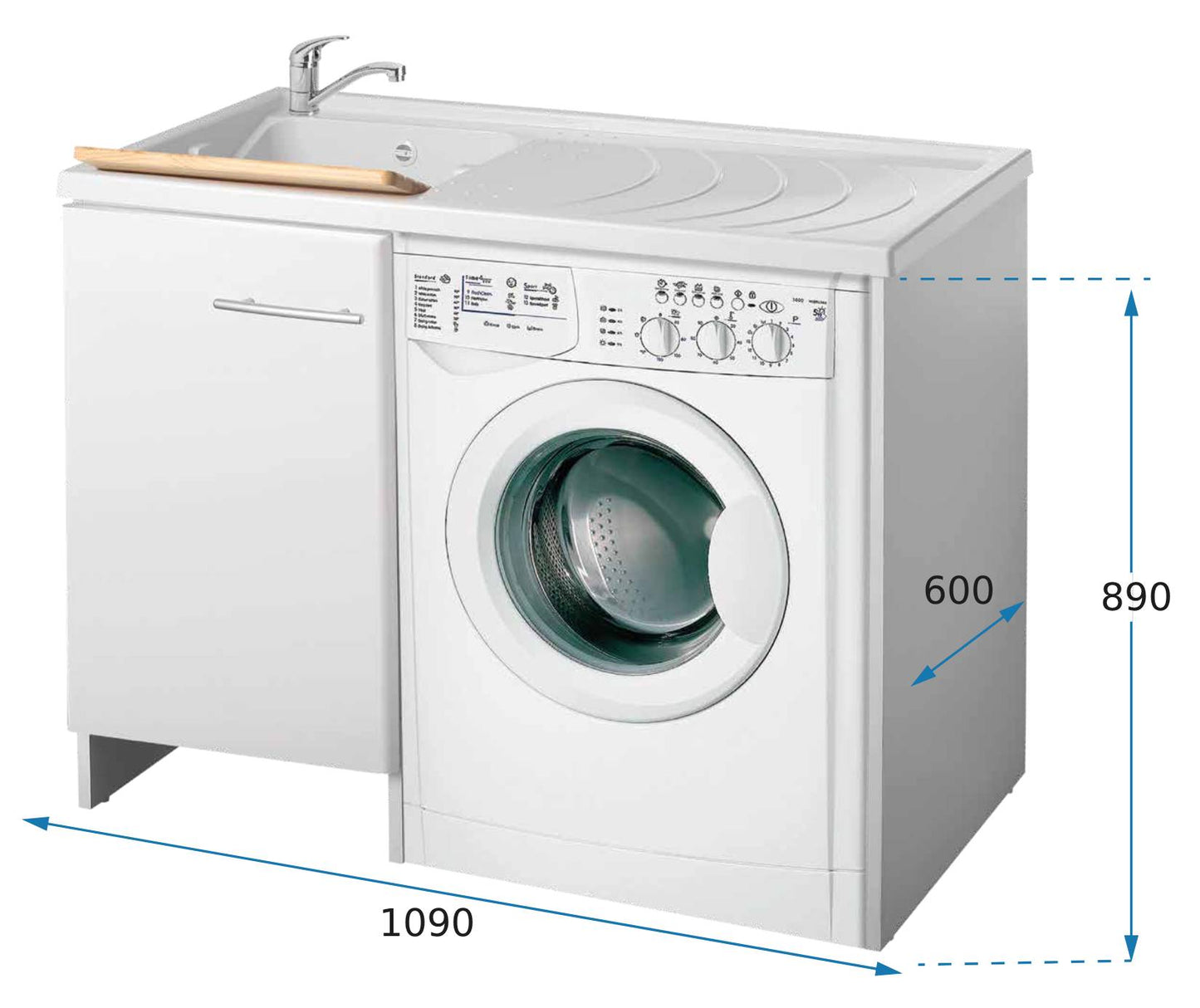 Negrari Magica 2008CSSX Lavatoio Coprilavatrice Montato Bianco 109x60 H89 cm Vasca Sinistra Lavatrice Destra Mobile Lavanderia Nobilitato Idrofugo Lavabo Polipropilene Asse Legno Anta Rallentata Fondo Alluminio Cesto Scorrevole Sifone Piletta Piedini