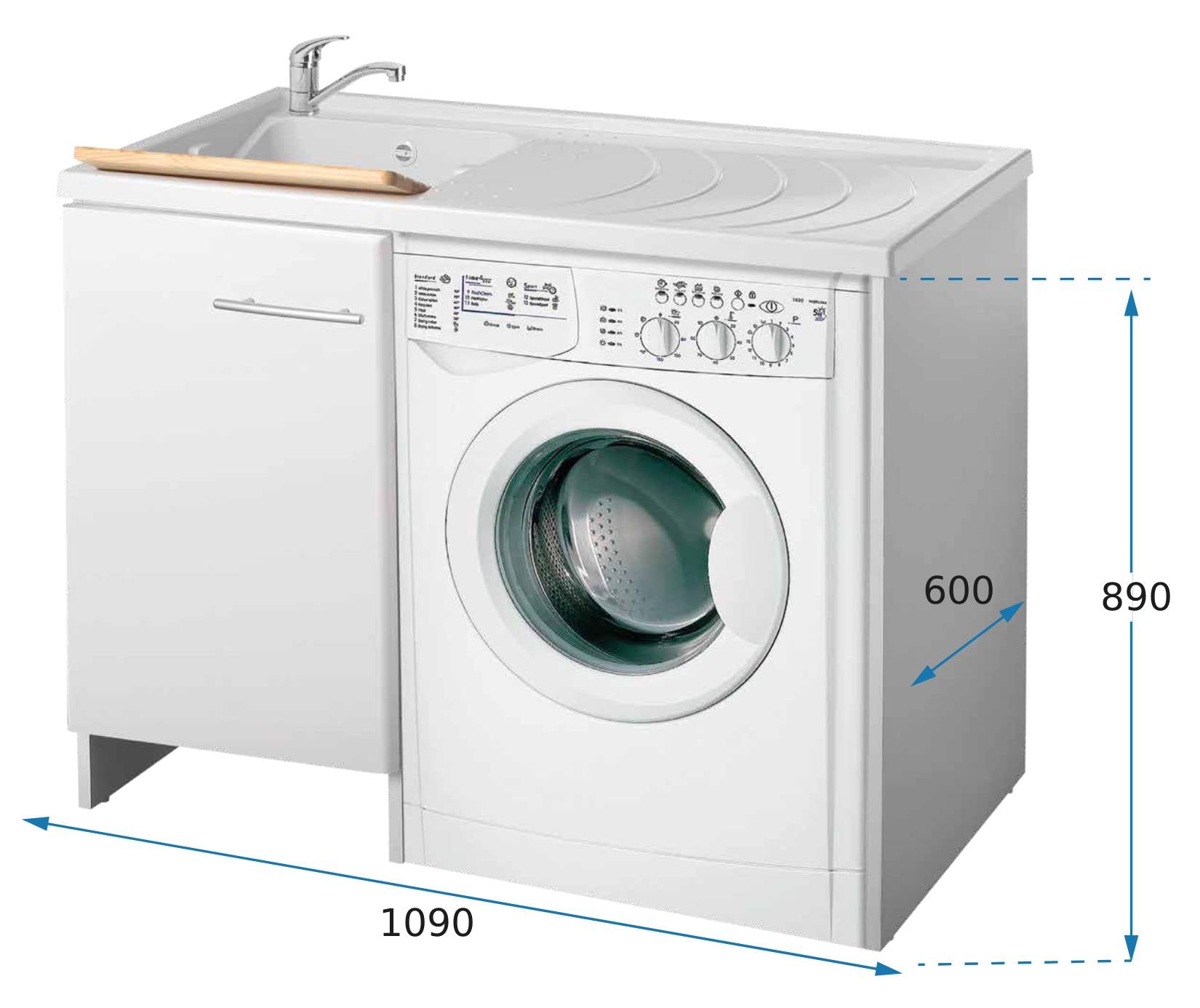 Negrari Magica 2008CSSX Lavatoio Coprilavatrice Montato Bianco 109x60 H89 cm Vasca Sinistra Lavatrice Destra Mobile Lavanderia Nobilitato Idrofugo Lavabo Polipropilene Asse Legno Anta Rallentata Fondo Alluminio Cesto Scorrevole Sifone Piletta Piedini