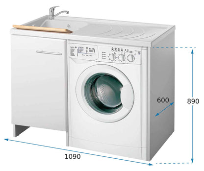 Negrari Magica 2008CSSX Lavatoio Coprilavatrice Montato Bianco 109x60 H89 cm Vasca Sinistra Lavatrice Destra Mobile Lavanderia Nobilitato Idrofugo Lavabo Polipropilene Asse Legno Anta Rallentata Fondo Alluminio Cesto Scorrevole Sifone Piletta Piedini