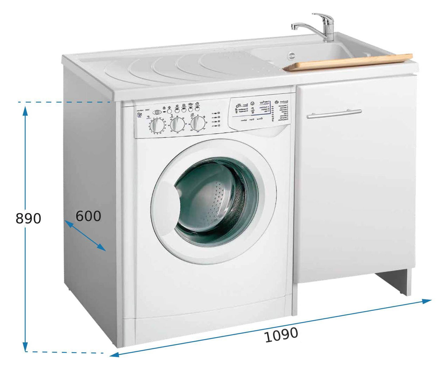 Negrari Magica 2008DX Lavatoio Coprilavatrice Montato Bianco 109x60 H89 cm Vasca Destra Lavatrice Sinistra Mobile Lavanderia Nobilitato Idrofugo Anta Lucida Lavabo Polipropilene Asse Legno Chiusura Rallentata Salvafondo Alluminio Sifone Piletta Piedini