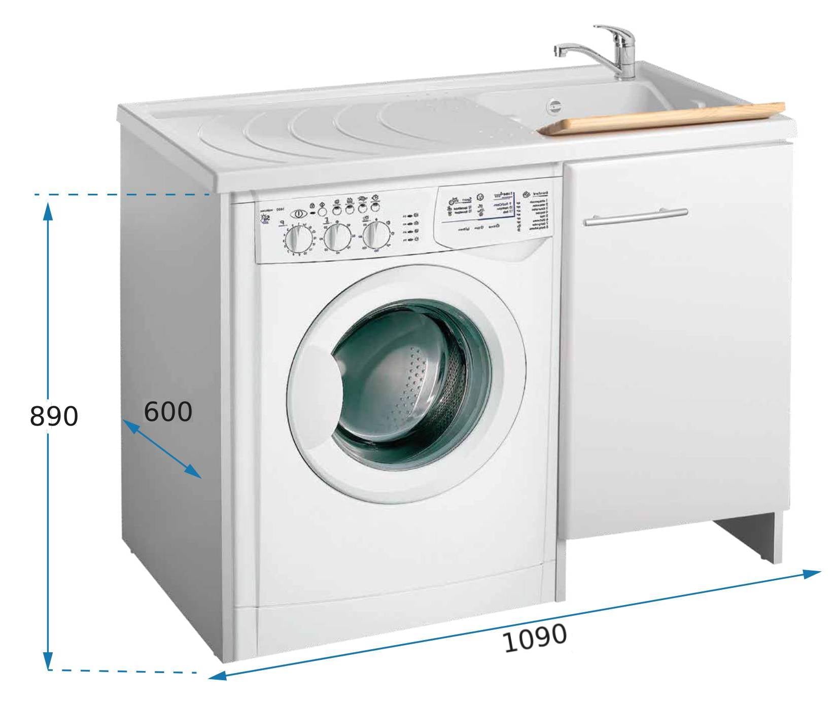 Negrari Magica 2008DX Lavatoio Coprilavatrice Montato Bianco 109x60 H89 cm Vasca Destra Lavatrice Sinistra Mobile Lavanderia Nobilitato Idrofugo Anta Lucida Lavabo Polipropilene Asse Legno Chiusura Rallentata Salvafondo Alluminio Sifone Piletta Piedini