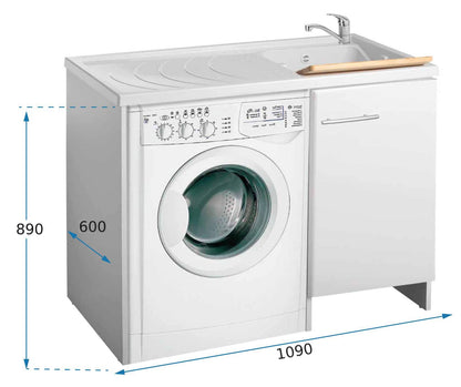 Negrari Magica 2008DX Lavatoio Coprilavatrice Montato Bianco 109x60 H89 cm Vasca Destra Lavatrice Sinistra Mobile Lavanderia Nobilitato Idrofugo Anta Lucida Lavabo Polipropilene Asse Legno Chiusura Rallentata Salvafondo Alluminio Sifone Piletta Piedini