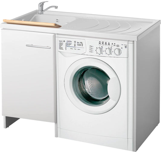 Negrari Magica 2008SX Lavatoio Coprilavatrice Montato Bianco 109x60 H89 cm Vasca Sinistra Lavatrice Destra Mobile Lavanderia Nobilitato Idrofugo Anta Lucida Lavabo Polipropilene Asse Legno Chiusura Rallentata Salvafondo Alluminio Sifone Piletta Piedini