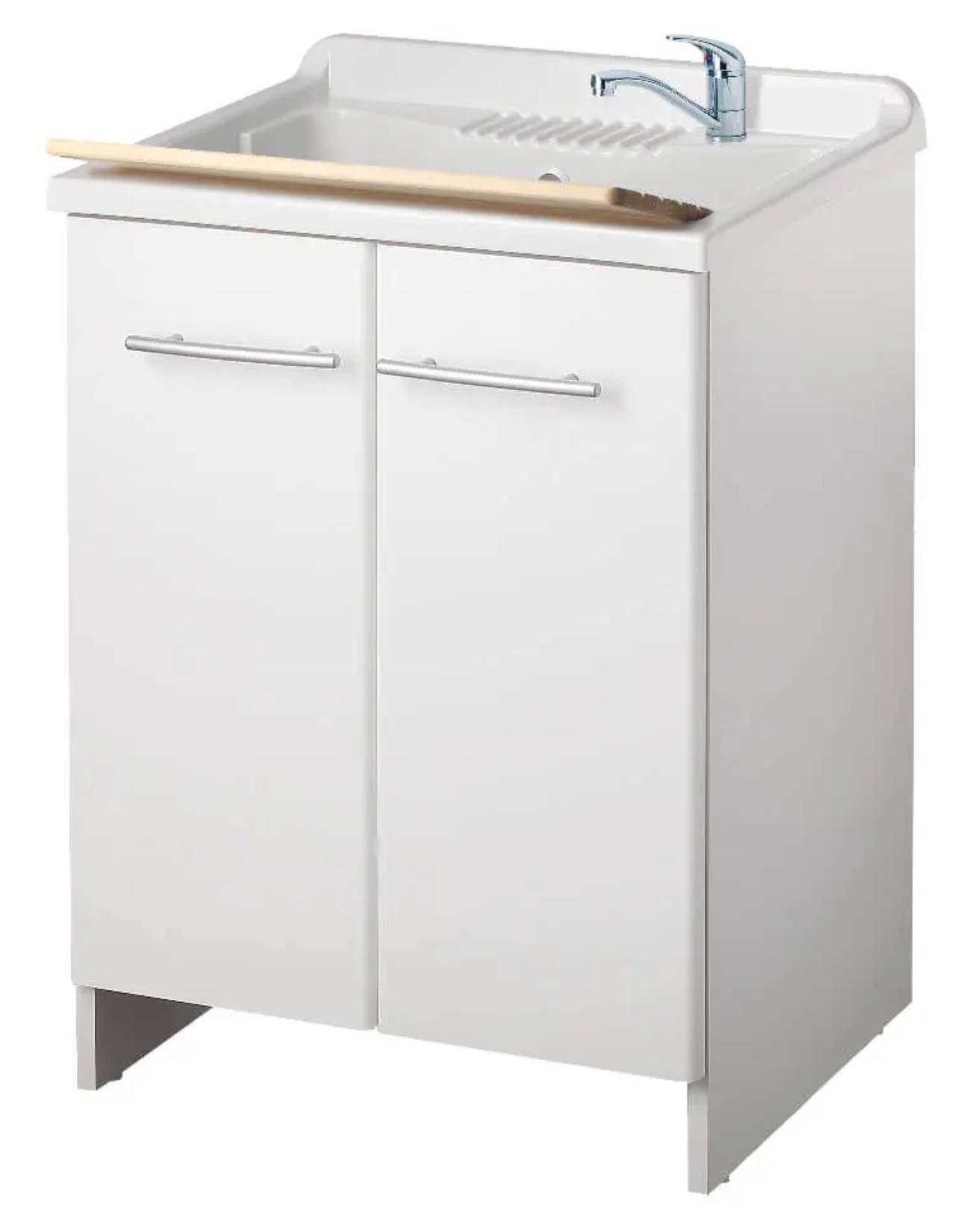 Negrari Magica 2009 Lavatoio Colore Bianco 60x45 H85 cm Per Lavanderia Mobile Nobilitato Idrofugo Ante Lucide Vasca Polipropilene Termoformatura Asse Legno Cerniere Chiusura Rallentata Salvafondo Alluminio Sifone Autopulente Piletta Piedini Regolabili