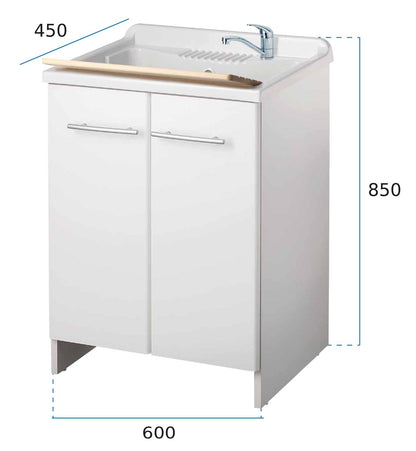 Negrari Magica 2009 Lavatoio Colore Bianco 60x45 H85 cm Per Lavanderia Mobile Nobilitato Idrofugo Ante Lucide Vasca Polipropilene Termoformatura Asse Legno Cerniere Chiusura Rallentata Salvafondo Alluminio Sifone Autopulente Piletta Piedini Regolabili