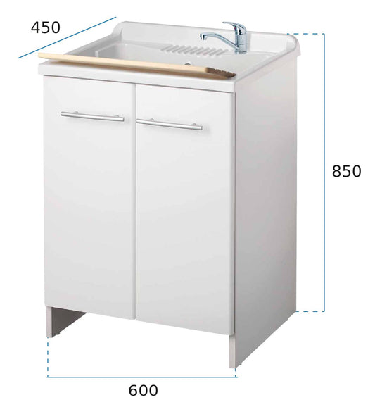 Negrari Magica 2009 Lavatoio Colore Bianco 60x45 H85 cm Per Lavanderia Mobile Nobilitato Idrofugo Ante Lucide Vasca Polipropilene Termoformatura Asse Legno Cerniere Chiusura Rallentata Salvafondo Alluminio Sifone Autopulente Piletta Piedini Regolabili