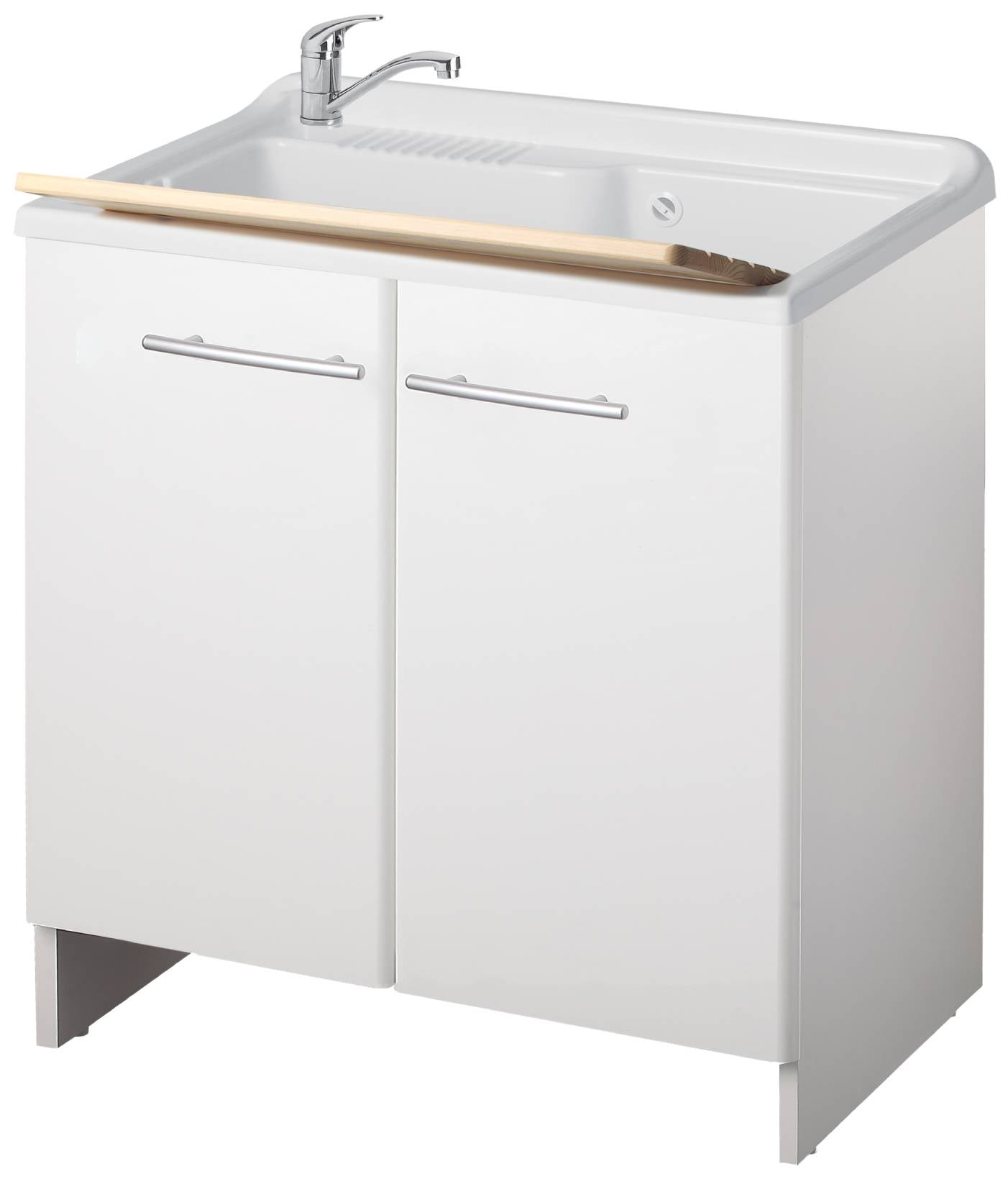 Negrari Magica 2010 Lavatoio Colore Bianco 80x50 H85 cm Mobile Per Lavanderia Nobilitato Idrofugo Ante Lucide Vasca Grande Polipropilene Asse Legno Cerniere Chiusura Rallentata Vassoio Salvafondo Alluminio Sifone Autopulente Piletta Piedini Regolabili