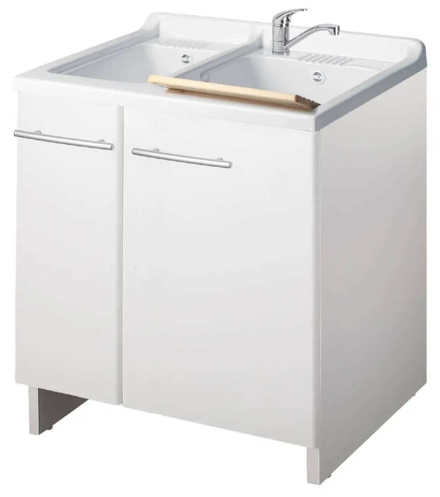Negrari Magica 2012 Lavatoio Bianco 75x60 H85 cm Mobile Per Lavanderia Nobilitato Idrofugo Ante Lucide Vasca Bivasca Termoformatura Polipropilene Asse Legno Cerniere Chiusura Rallentata Salvafondo Alluminio Sifone Autopulente Piletta Piedini Regolabili