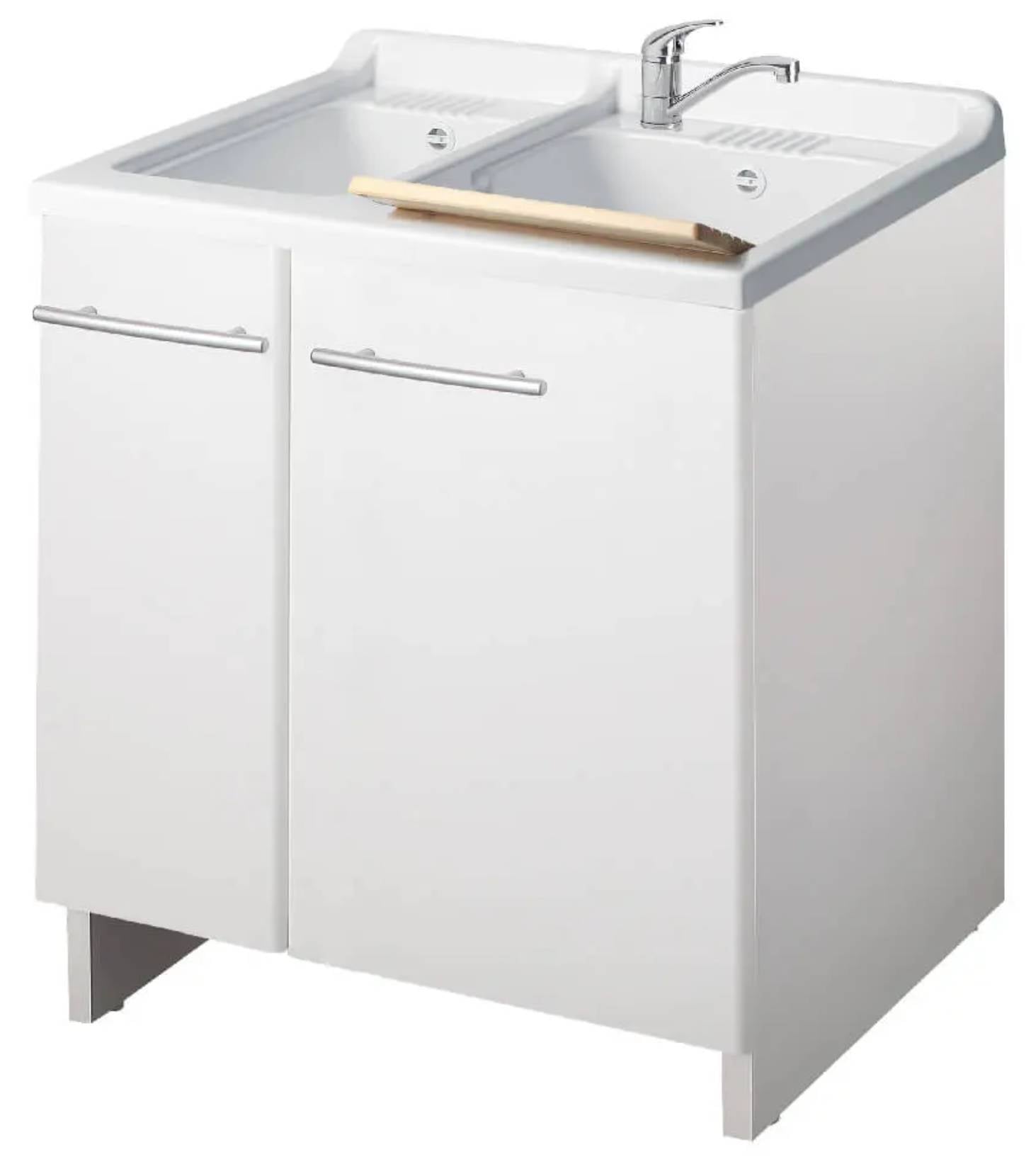 Negrari Magica 2012 Lavatoio Bianco 75x60 H85 cm Mobile Per Lavanderia Nobilitato Idrofugo Ante Lucide Vasca Bivasca Termoformatura Polipropilene Asse Legno Cerniere Chiusura Rallentata Salvafondo Alluminio Sifone Autopulente Piletta Piedini Regolabili