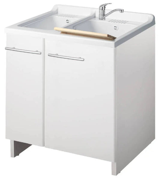 Negrari Magica 2012CS Lavatoio Bianco 75x60 H85 cm Mobile Lavanderia Nobilitato Idrofugo Ante Lucide Vasca a 2 Vasche Termoformatura Polipropilene Asse Legno Ante Chiusura Rallentata Fondo Alluminio Cestello Scorrevole Sifone Piletta Piedini Regolabili