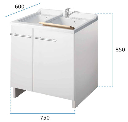 Negrari Magica 2012 Lavatoio Bianco 75x60 H85 cm Mobile Per Lavanderia Nobilitato Idrofugo Ante Lucide Vasca Bivasca Termoformatura Polipropilene Asse Legno Cerniere Chiusura Rallentata Salvafondo Alluminio Sifone Autopulente Piletta Piedini Regolabili