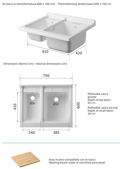 Negrari Magica 2012 Lavatoio Bianco 75x60 H85 cm Mobile Per Lavanderia Nobilitato Idrofugo Ante Lucide Vasca Bivasca Termoformatura Polipropilene Asse Legno Cerniere Chiusura Rallentata Salvafondo Alluminio Sifone Autopulente Piletta Piedini Regolabili
