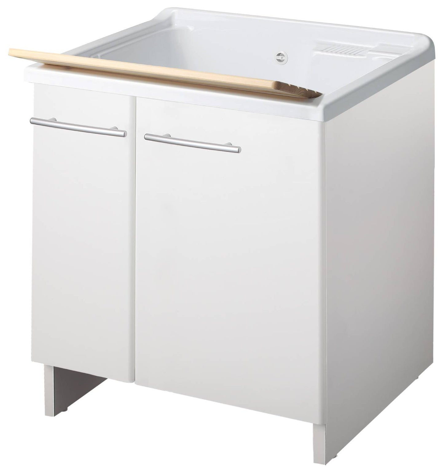 Negrari Magica 2013 Lavatoio Colore Bianco 75x60 H85 cm Per Lavanderia Mobile Nobilitato Idrofugo Ante Lucide Vasca Termoformatura Polipropilene Asse Legno Cerniere Chiusura Rallentata Vassoio Fondo Alluminio Sifone Autopulente Piletta Piedini Regolabili