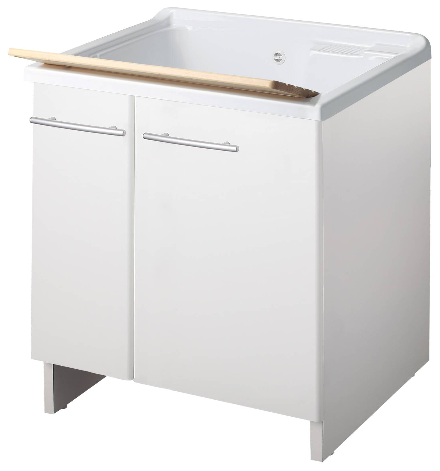 Negrari Magica 2013 Lavatoio Colore Bianco 75x60 H85 cm Per Lavanderia Mobile Nobilitato Idrofugo Ante Lucide Vasca Termoformatura Polipropilene Asse Legno Cerniere Chiusura Rallentata Vassoio Fondo Alluminio Sifone Autopulente Piletta Piedini Regolabili