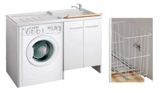 Negrari Magica 2800CSDX Lavatoio Coprilavatrice Montato Bianco 124x60 H89 cm Vasca Destra Lavatrice Sinistra Mobile Lavanderia Nobilitato Idrofugo Lavabo Polipropilene Asse Legno Anta Rallentata Fondo Alluminio Cesto Scorrevole Sifone Piletta Piedini