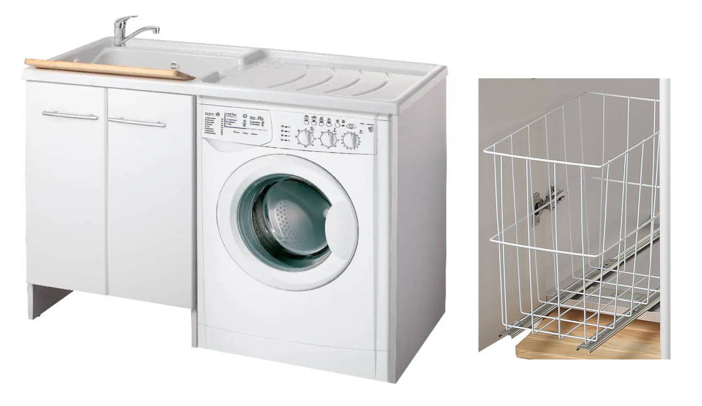 Negrari Magica 2800CSSX Lavatoio Coprilavatrice Montato Bianco 124x60 H89 cm Vasca Sinistra Lavatrice Destra Mobile Lavanderia Nobilitato Idrofugo Lavabo Polipropilene Asse Legno Anta Rallentata Fondo Alluminio Cesto Scorrevole Sifone Piletta Piedini