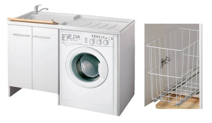 Negrari Magica 2800CSSX Lavatoio Coprilavatrice Montato Bianco 124x60 H89 cm Vasca Sinistra Lavatrice Destra Mobile Lavanderia Nobilitato Idrofugo Lavabo Polipropilene Asse Legno Anta Rallentata Fondo Alluminio Cesto Scorrevole Sifone Piletta Piedini