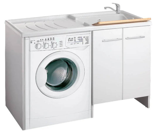 Negrari Magica 2800DX Lavatoio Coprilavatrice Montato Bianco 124x60 H89 cm Vasca Destra Lavatrice Sinistra Mobile Lavanderia Nobilitato Idrofugo Ante Lucide Lavabo Polipropilene Asse Legno Chiusura Rallentata Salvafondo Alluminio Sifone Piletta Piedini