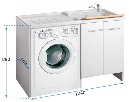 Negrari Magica 2800DX Lavatoio Coprilavatrice Montato Bianco 124x60 H89 cm Vasca Destra Lavatrice Sinistra Mobile Lavanderia Nobilitato Idrofugo Ante Lucide Lavabo Polipropilene Asse Legno Chiusura Rallentata Salvafondo Alluminio Sifone Piletta Piedini